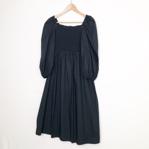 J Crew black smocked bodice puff sleeve, midi dress - Picture 4 of 11